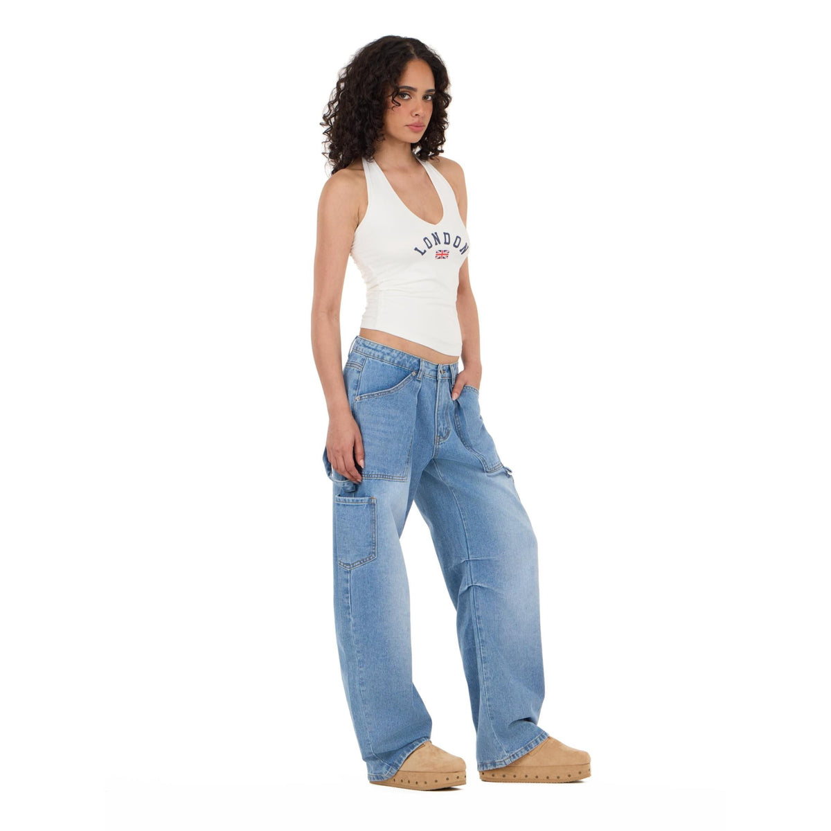 Forever 21 Women's Blue Barrel-Leg Cargo Jeans, Wide Barrel Silhouette for Everyday Casual Wear, Sizes 10