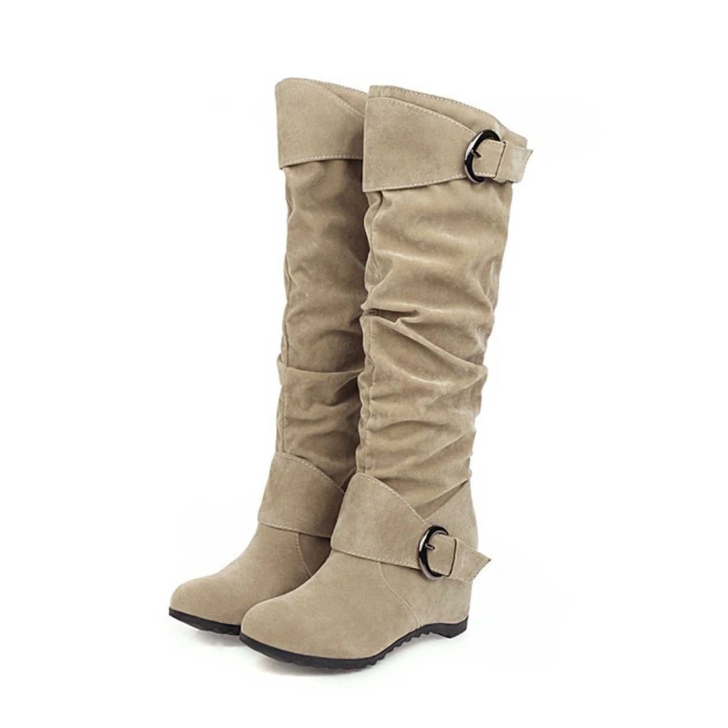 hopeusnice Women's Over The Knee Boots Suede Buckle Wedge Heel Winter Warm Boots Fashion Slouchy Boots Knee High Boots Brown 35