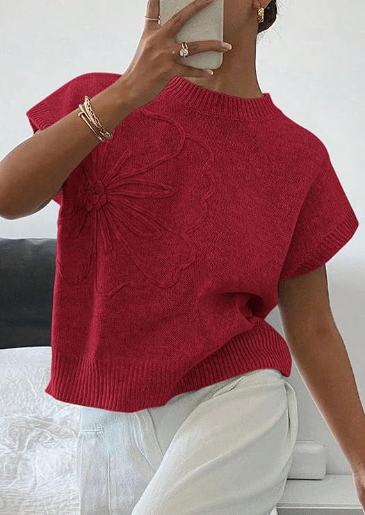 PRETTYGARDEN Women's Spring Sweater Vest Trendy Flower Knit Short Sleeve Cute Pullover Tank Tops Summer Fashion Clothing
