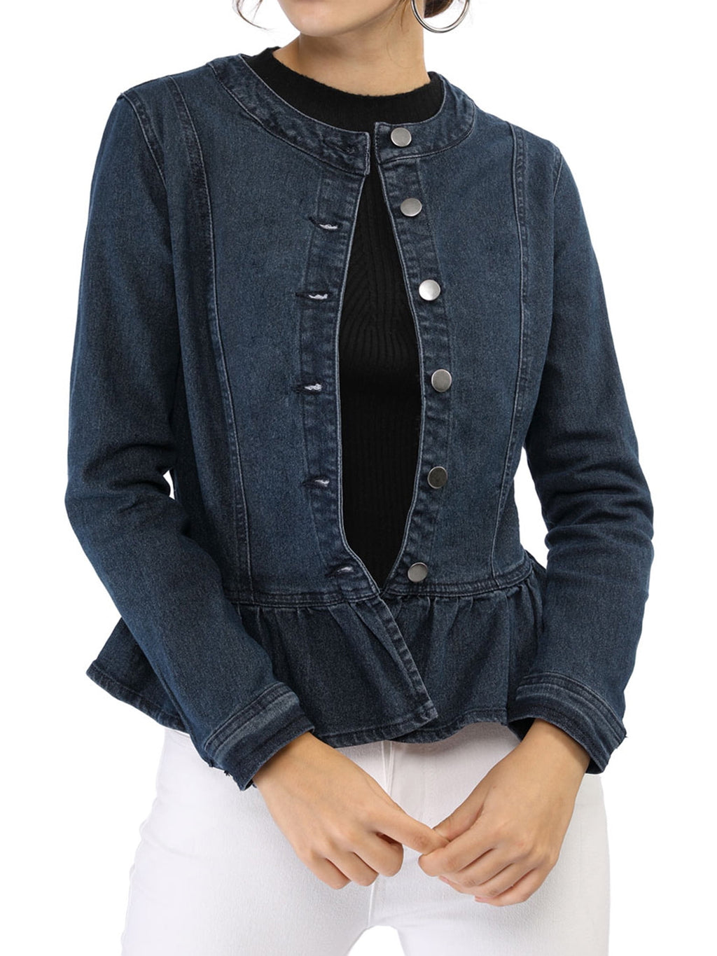 INSPIRE CHIC Women's Denim Jackets Button Down Peplum Hem Long Sleeves Cropped Jean Jackets White L