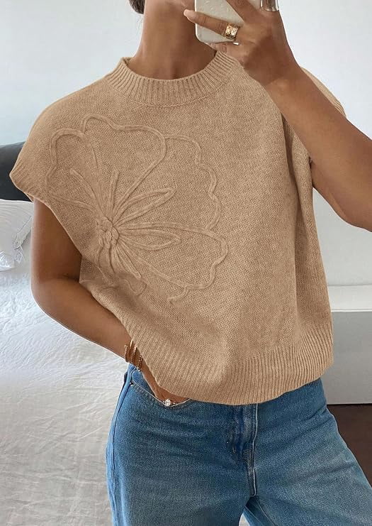 PRETTYGARDEN Women's Spring Sweater Vest Trendy Flower Knit Short Sleeve Cute Pullover Tank Tops Summer Fashion Clothing