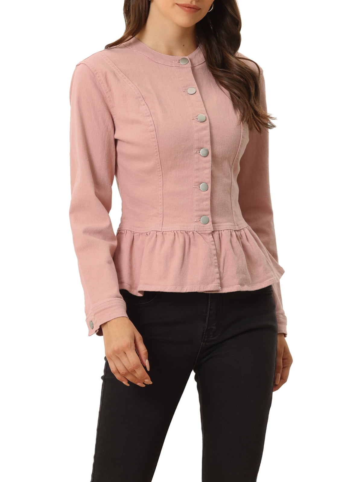 INSPIRE CHIC Women's Denim Jackets Button Down Peplum Hem Long Sleeves Cropped Jean Jackets White L