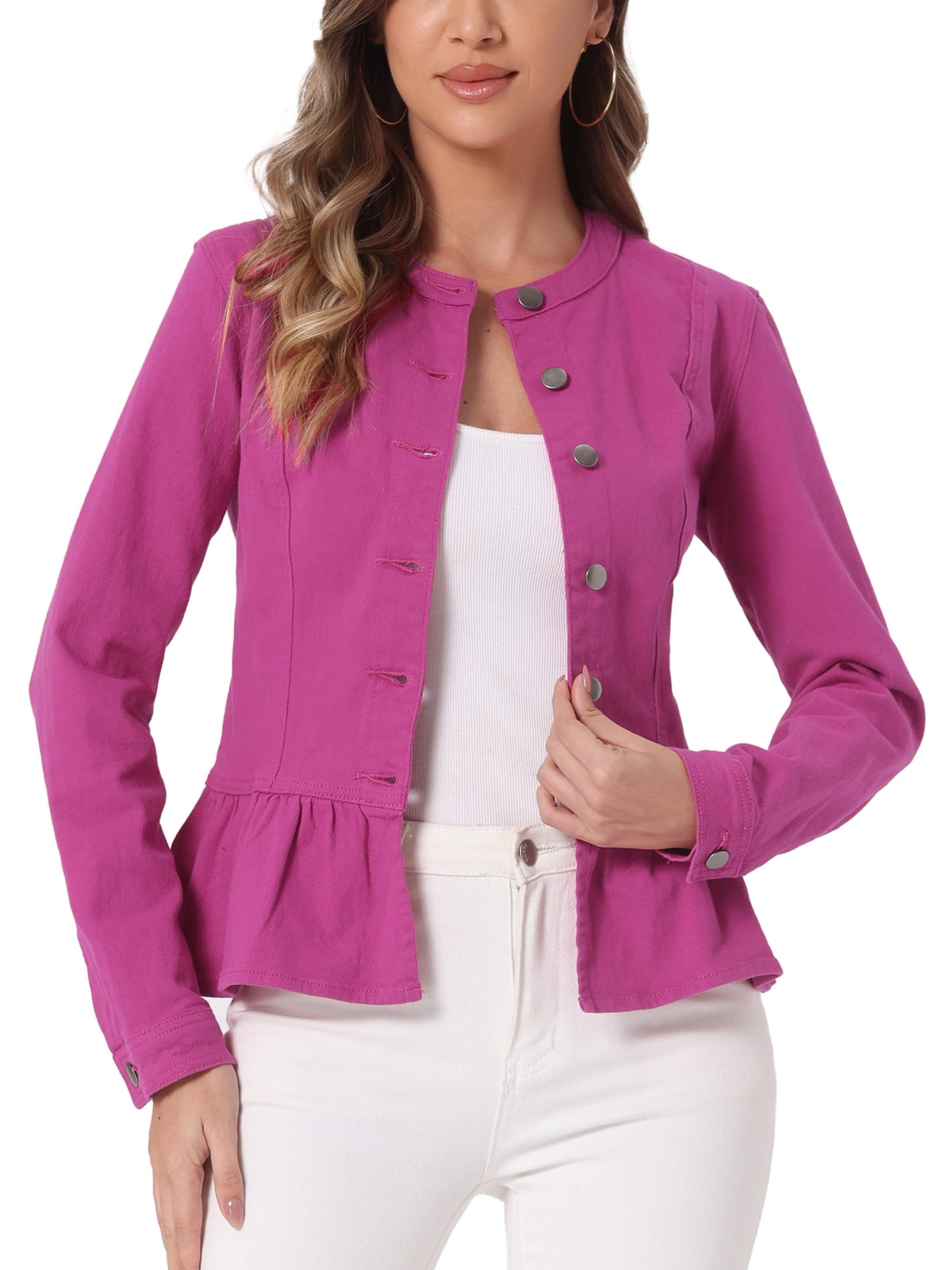 INSPIRE CHIC Women's Denim Jackets Button Down Peplum Hem Long Sleeves Cropped Jean Jackets White L