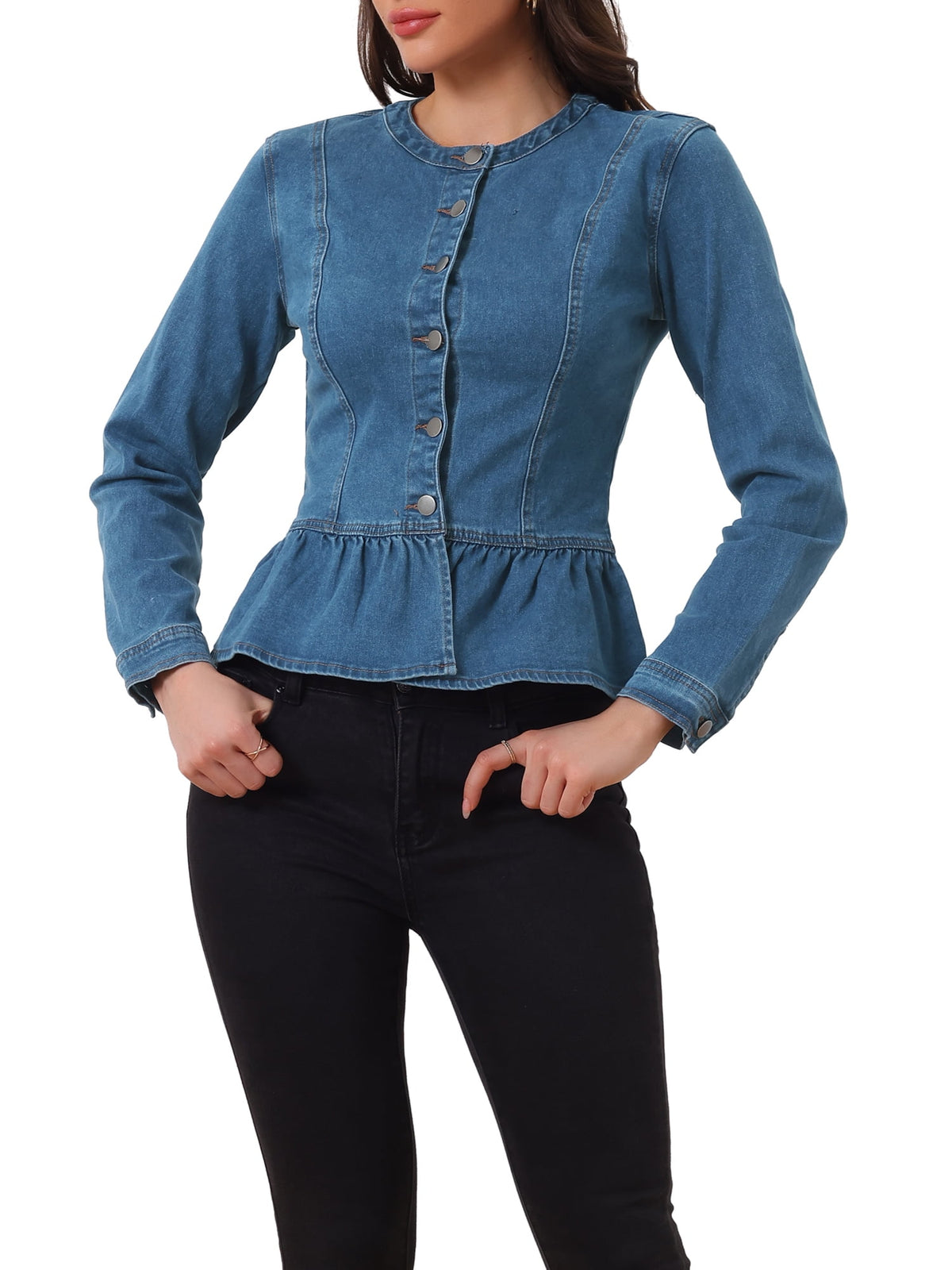 INSPIRE CHIC Women's Denim Jackets Button Down Peplum Hem Long Sleeves Cropped Jean Jackets White L