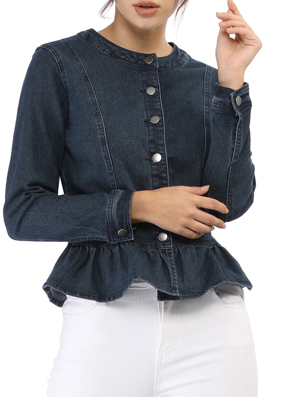 INSPIRE CHIC Women's Denim Jackets Button Down Peplum Hem Long Sleeves Cropped Jean Jackets White L
