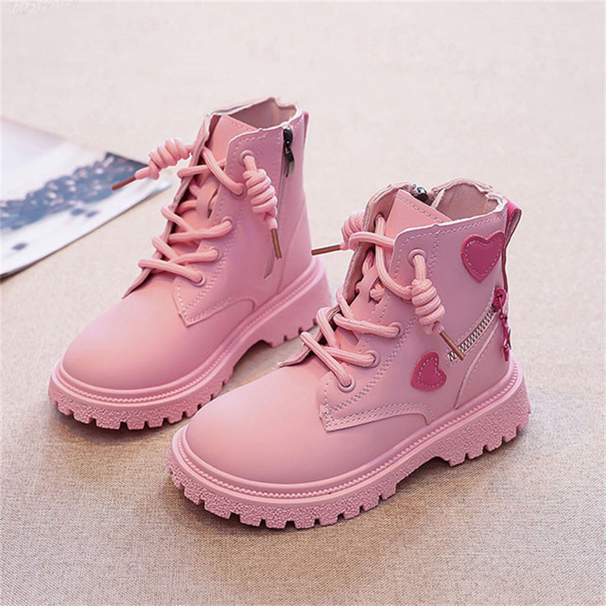 BXJX Girls Ankle Boots with Zipper, Non-Slip Soft Sole Fall Winter Cute Lace Up Boots Pink Size 12.5 Little Kids