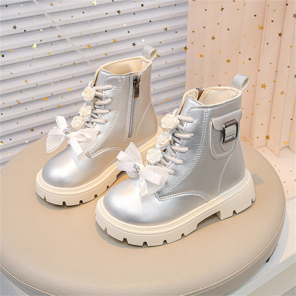 BXJX Girls Ankle Boots with Zipper, Bow Fall Winter Soft Sole Slip-Resistant Lace Up Boots Beige Size 13.5 Little Kids