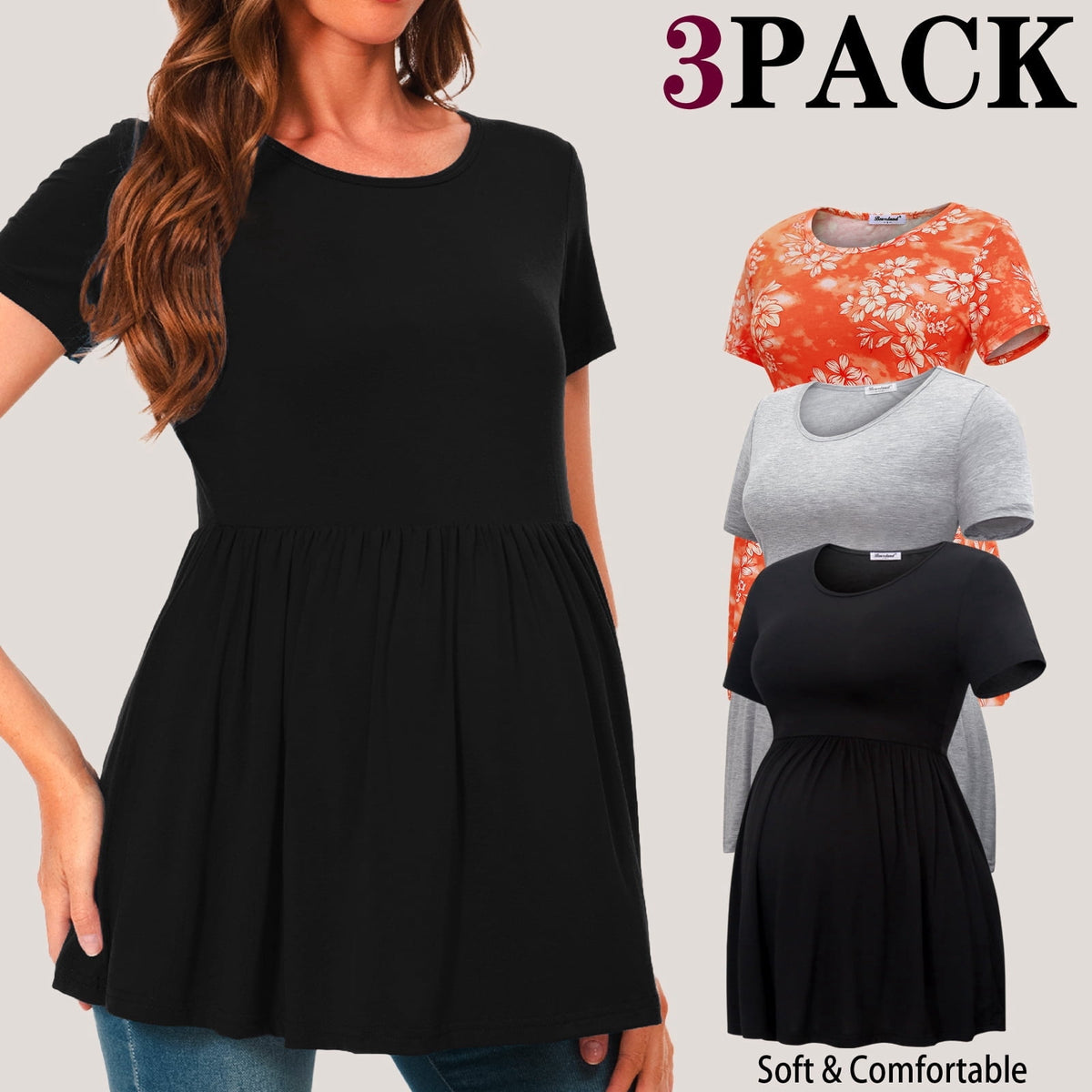 Bearsland Women's Short Sleeve Maternity Shirts Tops Pregnancy Clothes 3-Pack