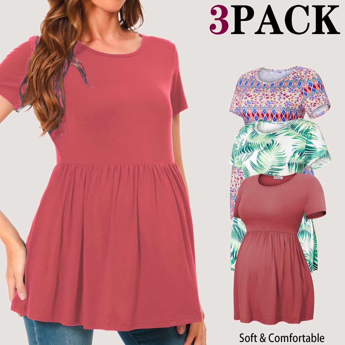 Bearsland Women's Short Sleeve Maternity Shirts Tops Pregnancy Clothes 3-Pack