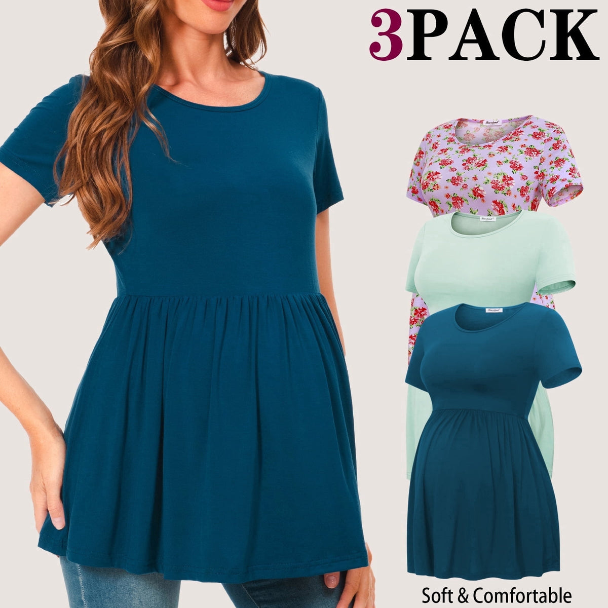 Bearsland Women's Short Sleeve Maternity Shirts Tops Pregnancy Clothes 3-Pack