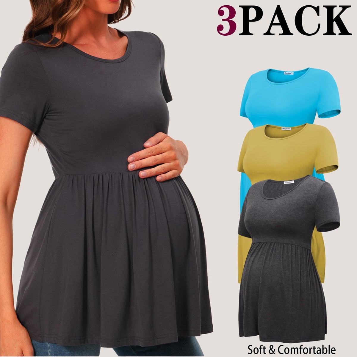 Bearsland Women's Short Sleeve Maternity Shirts Tops Pregnancy Clothes 3-Pack
