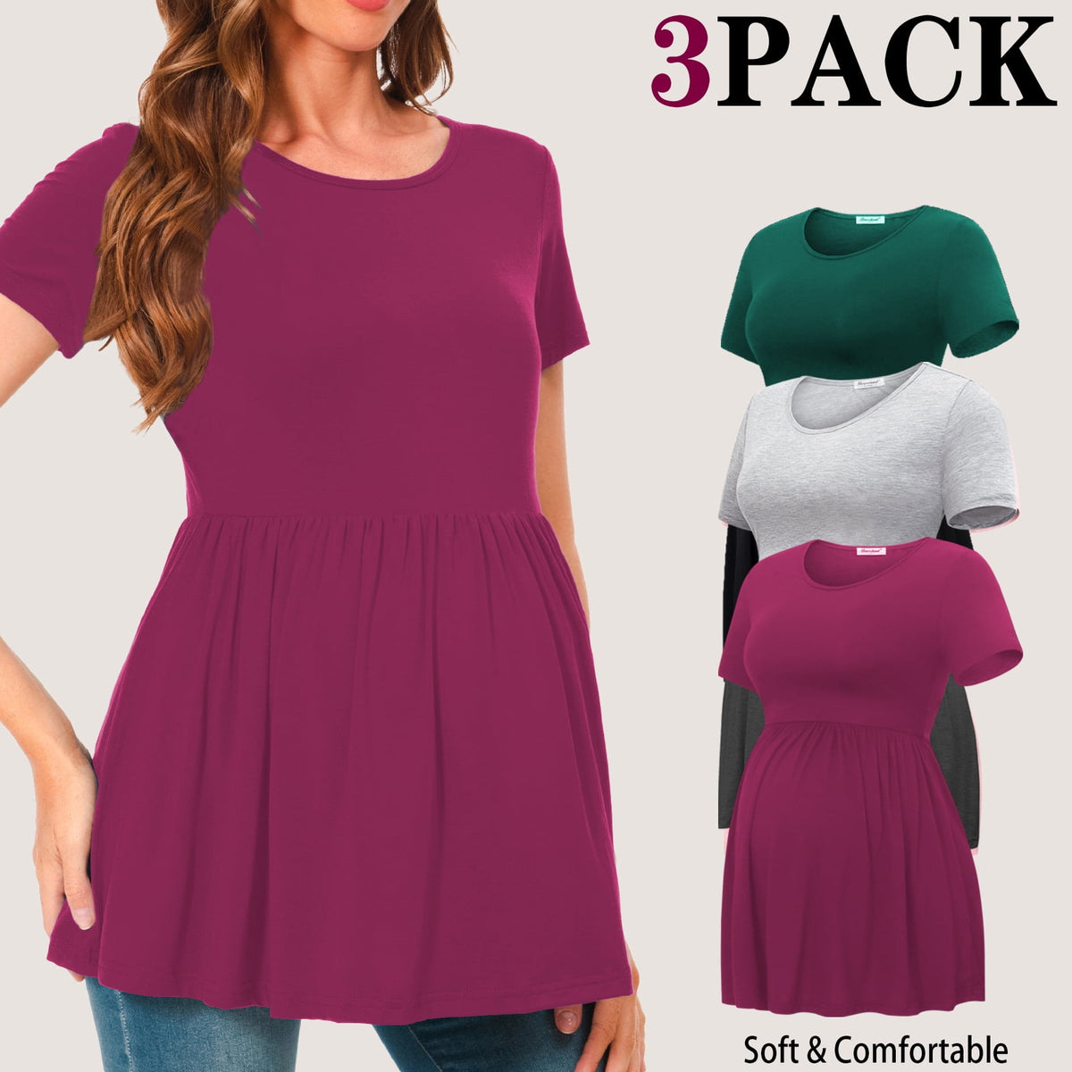 Bearsland Women's Short Sleeve Maternity Shirts Tops Pregnancy Clothes 3-Pack