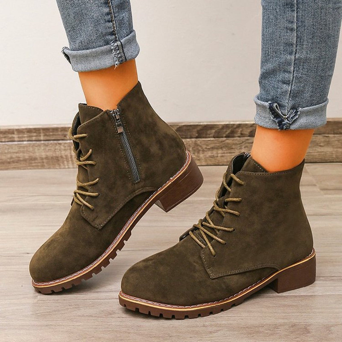 Bnwani Ankle Boots for Women Lace‑Up & Side Zipper Block Low Heel Round Toe Short Booties Black 38(US:6.5)