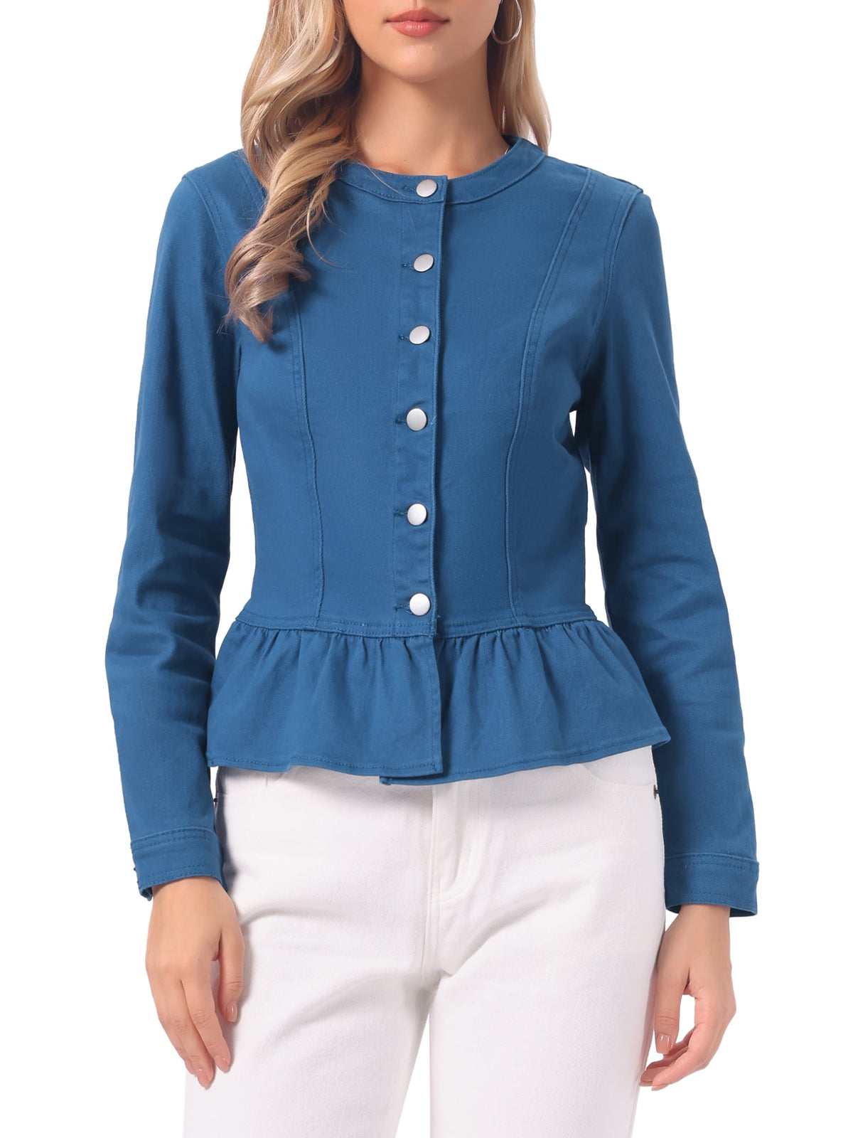 INSPIRE CHIC Women's Denim Jackets Button Down Peplum Hem Long Sleeves Cropped Jean Jackets White L