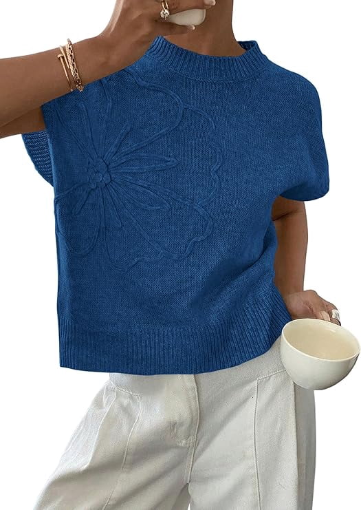 PRETTYGARDEN Women's Spring Sweater Vest Trendy Flower Knit Short Sleeve Cute Pullover Tank Tops Summer Fashion Clothing