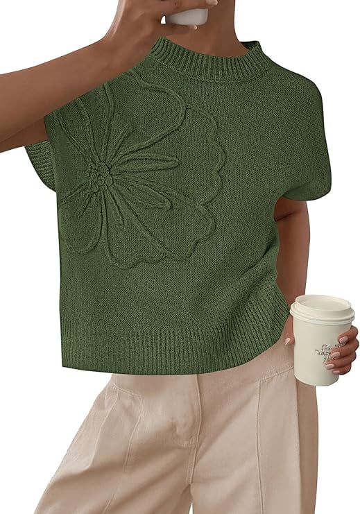 PRETTYGARDEN Women's Spring Sweater Vest Trendy Flower Knit Short Sleeve Cute Pullover Tank Tops Summer Fashion Clothing