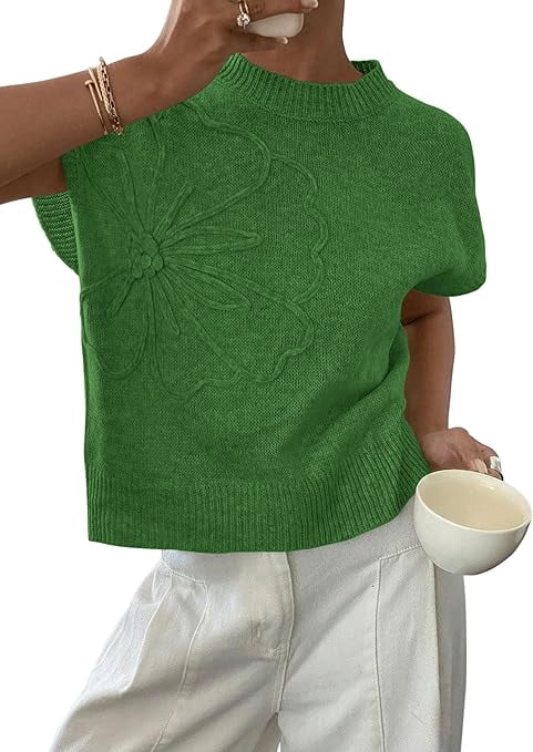 PRETTYGARDEN Women's Spring Sweater Vest Trendy Flower Knit Short Sleeve Cute Pullover Tank Tops Summer Fashion Clothing