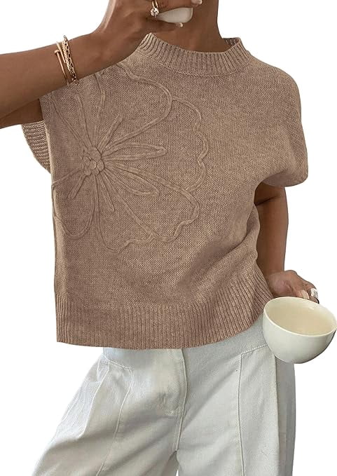 PRETTYGARDEN Women's Spring Sweater Vest Trendy Flower Knit Short Sleeve Cute Pullover Tank Tops Summer Fashion Clothing