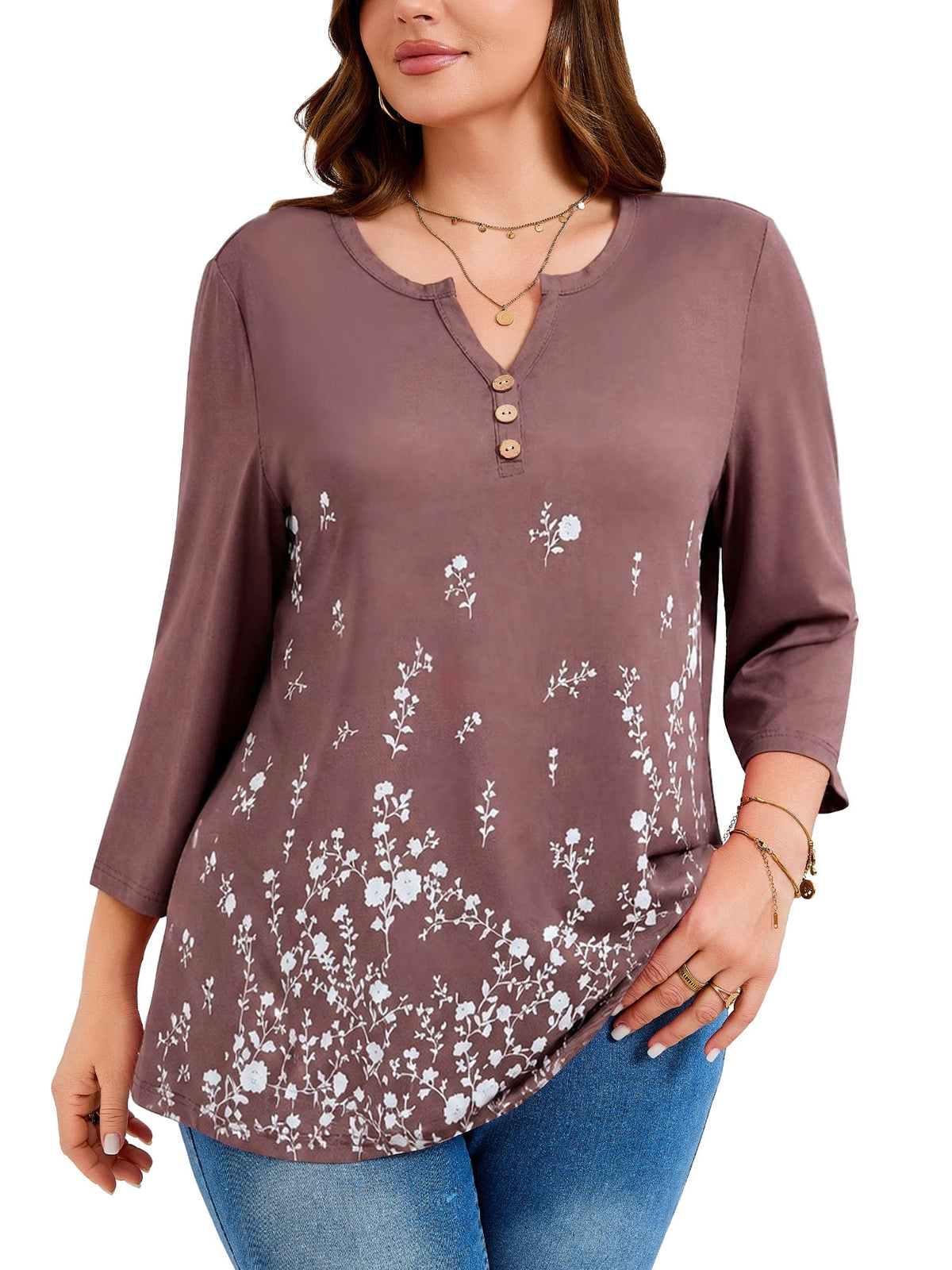 SHOWMALL Plus Size Tops for Women, 3/4 Sleeve Button V Neck Casual Tunic Blouse, Green, Size 4X