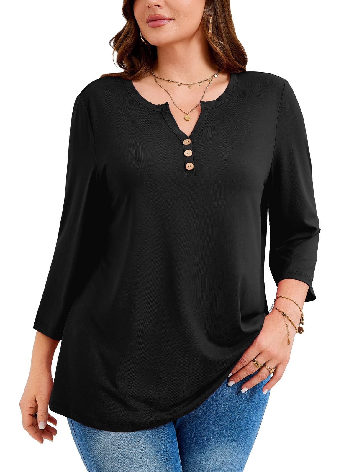 SHOWMALL Plus Size Tops for Women, 3/4 Sleeve Button V Neck Casual Tunic Blouse, Green, Size 4X