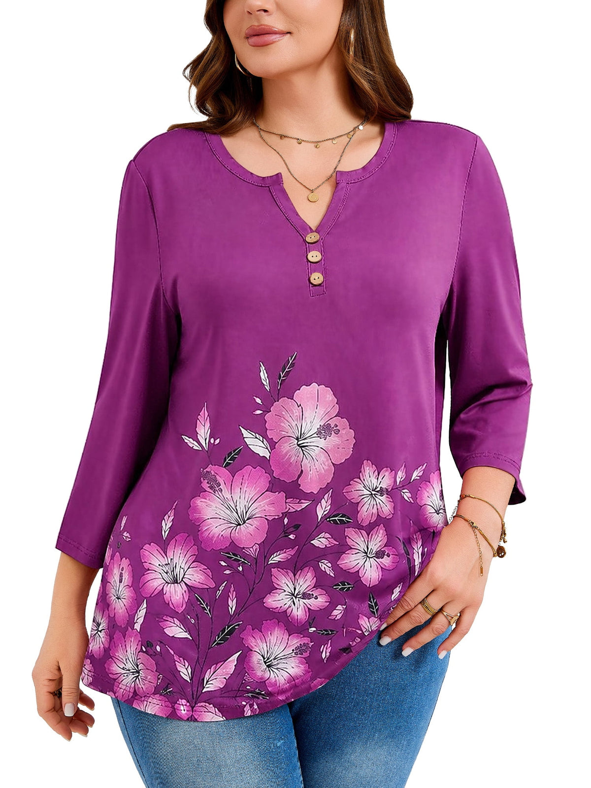SHOWMALL Plus Size Tops for Women, 3/4 Sleeve Button V Neck Casual Tunic Blouse, Green, Size 4X