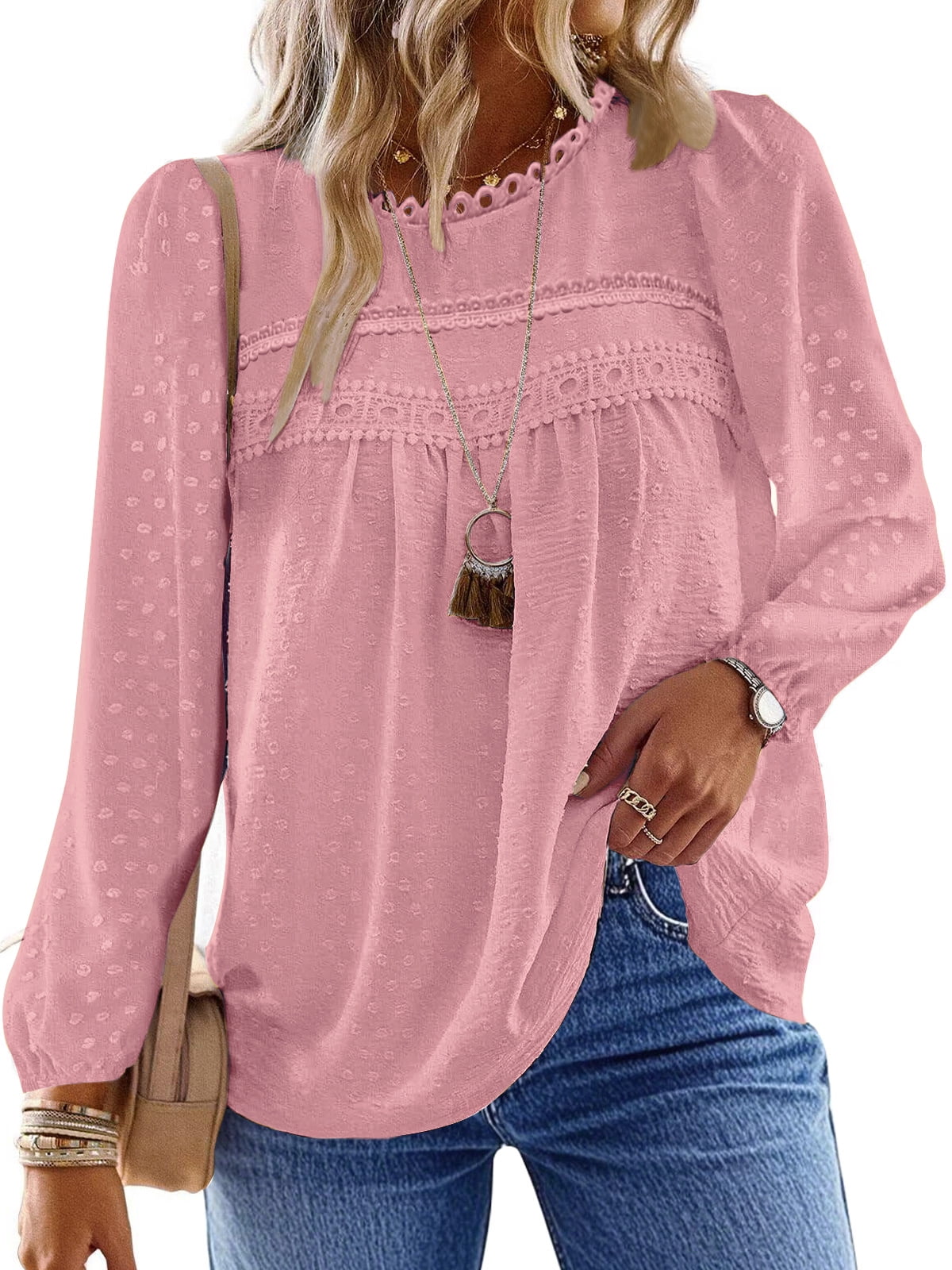 UVN Fall Shirts for Women Long Sleeve Blouses Ladies Crewneck Lace Crochet Tops Dressy Chiffon Blouses