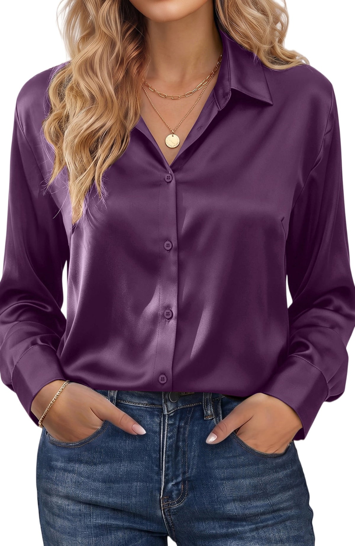 UVN Blouses for Women Long Sleeve Satin Shirts Button Down Ladies Casual Top