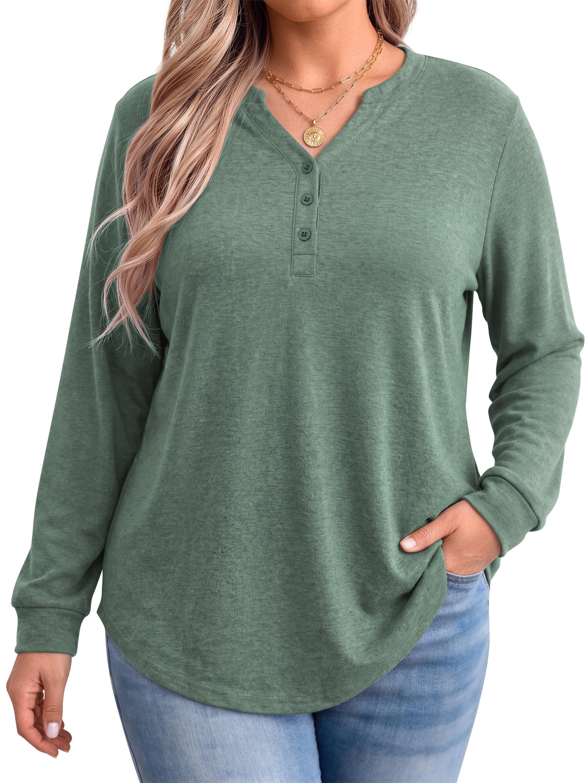 WellSize Plus Size Blouses for Women Henley V Neck Tops Casual Long Sleeve Button Shirts Fall Pullover Outfit