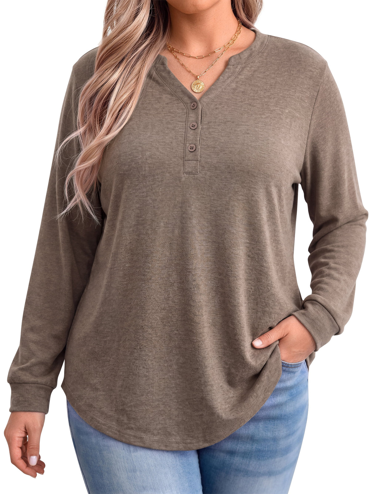 WellSize Plus Size Blouses for Women Henley V Neck Tops Casual Long Sleeve Button Shirts Fall Pullover Outfit