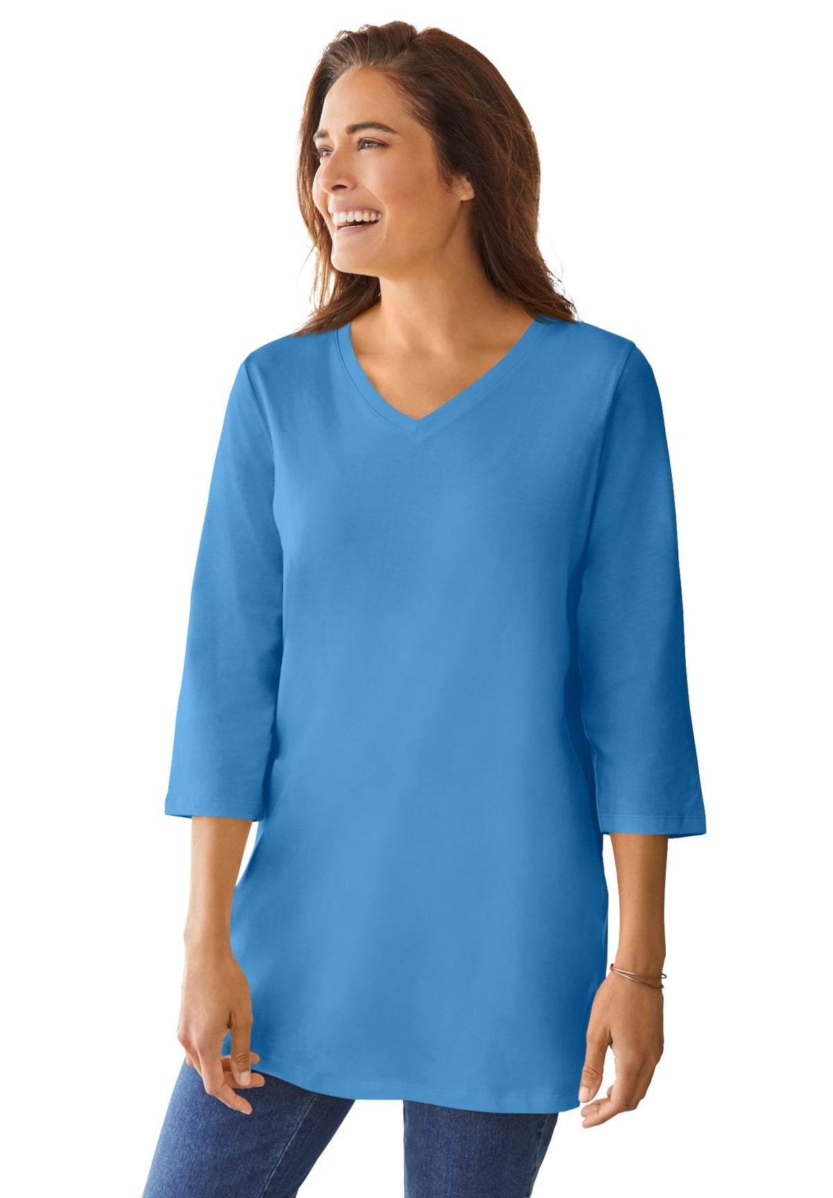 Woman Within Plus Size Perfect Three-Quarter Sleeve V-Neck Tunic