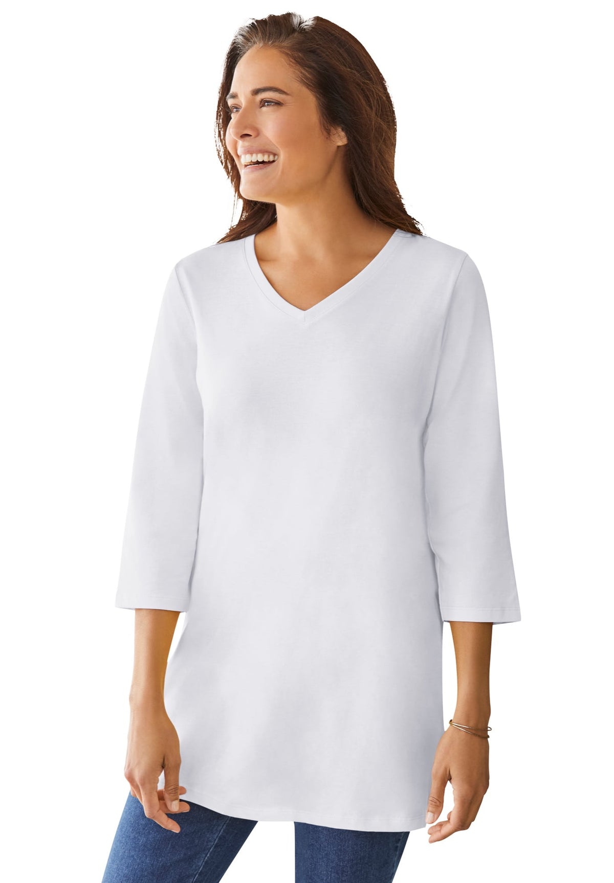 Woman Within Plus Size Perfect Three-Quarter Sleeve V-Neck Tunic