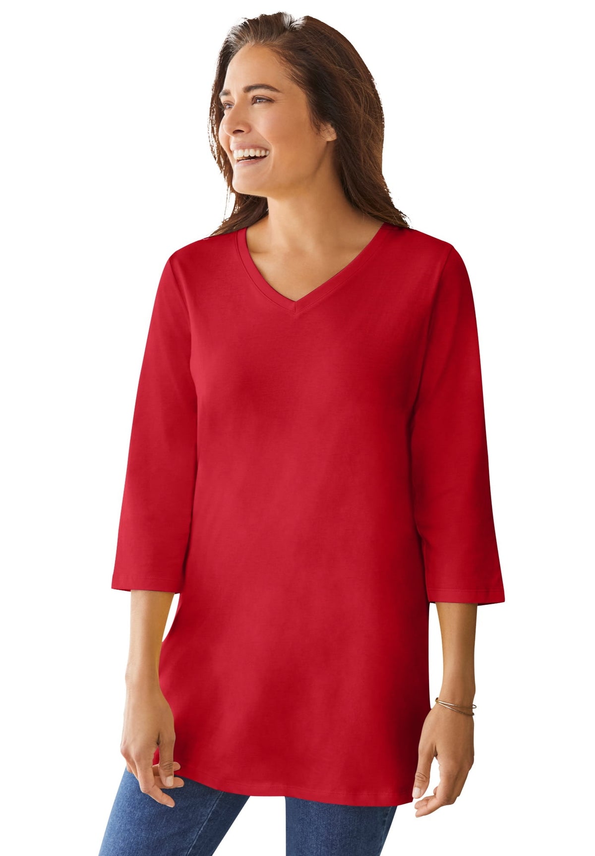 Woman Within Plus Size Perfect Three-Quarter Sleeve V-Neck Tunic
