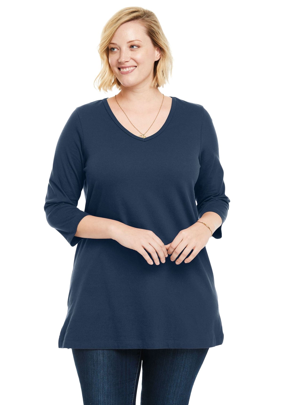 Woman Within Plus Size Perfect Three-Quarter Sleeve V-Neck Tunic