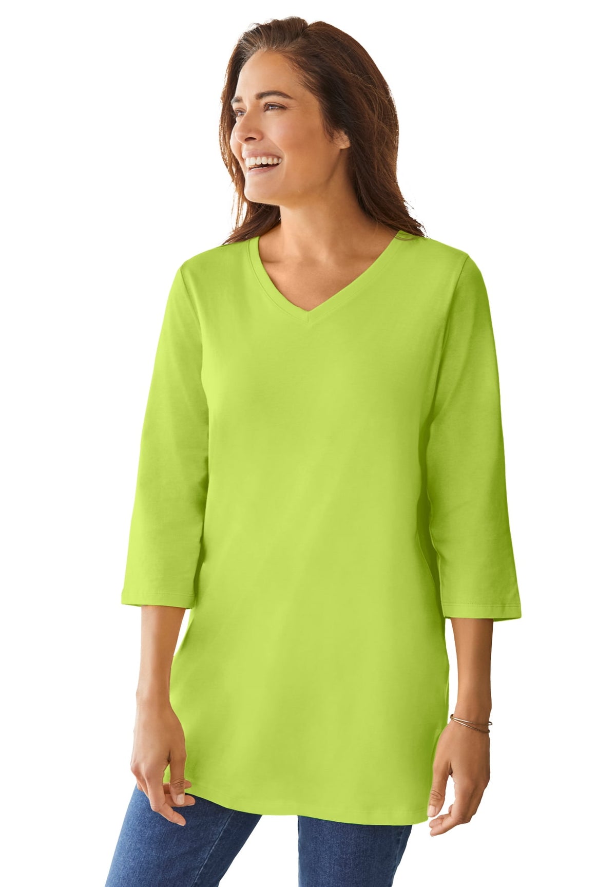 Woman Within Plus Size Perfect Three-Quarter Sleeve V-Neck Tunic