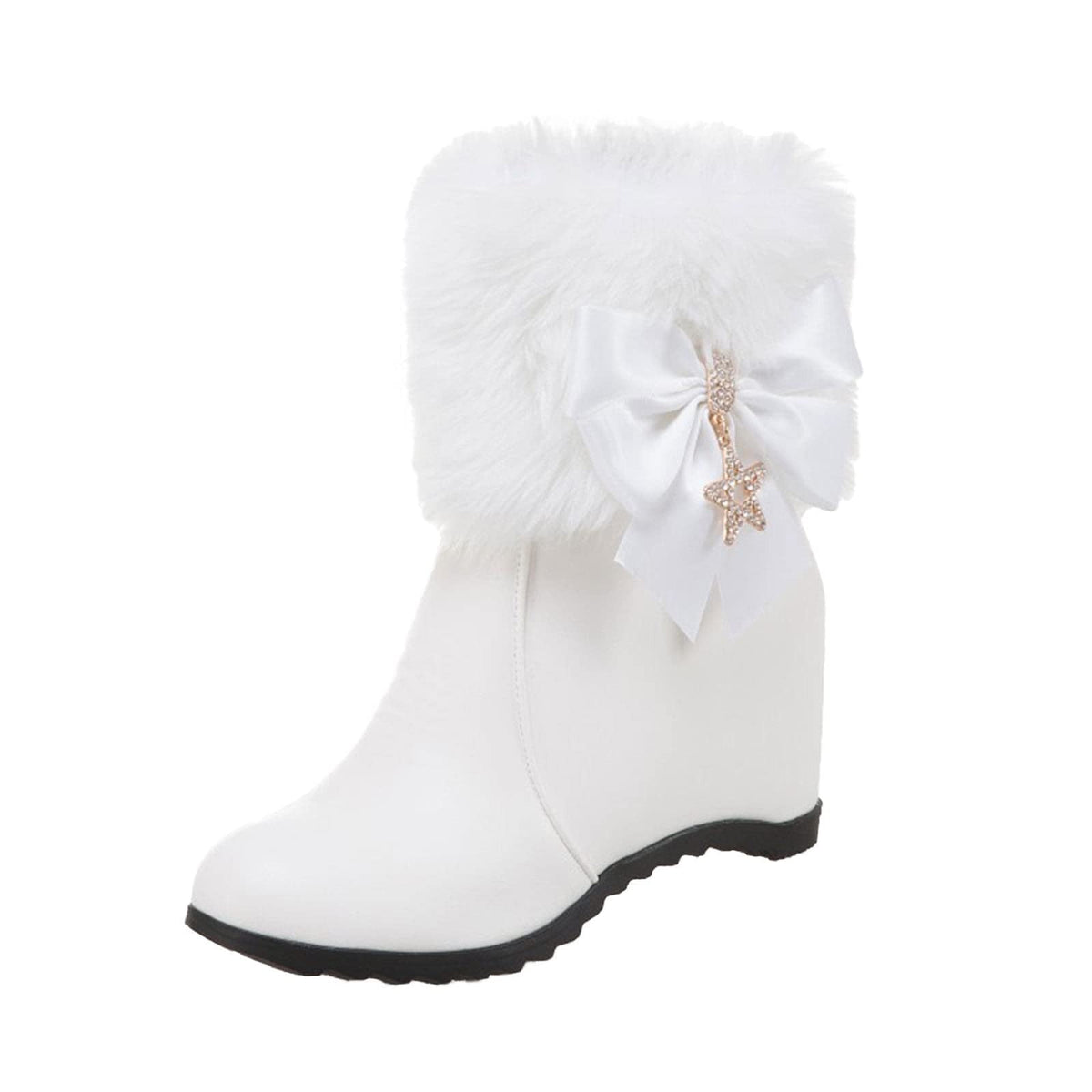Women Winter Warm Hidden Wedge Snow Booties Leather Cute Bowknot Rhinestones Fuzzy Fleece Lined Thickening Side Zipper Ankle Boots White 39
