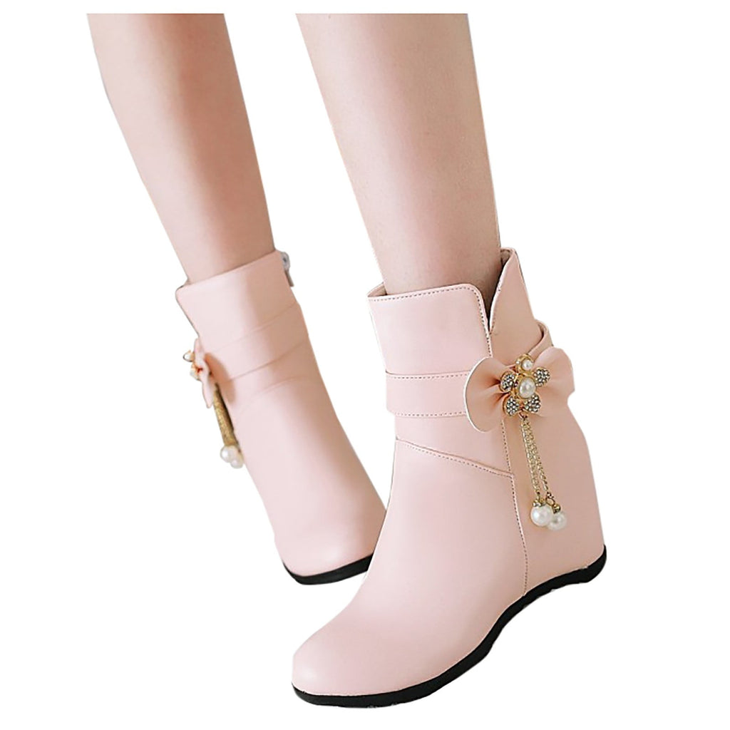 Women's Ankle Boots Wedge Heel Zipper Closure Bowknot Decor Faux Leather Booties Short Boots Comfortable Wedge Heel Shoes Pink 40