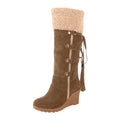 Women's Fashion Suede Wedge Boots Winter Warm Knee High Boots Buckle Tassel Side Zipper Booties Brown 35