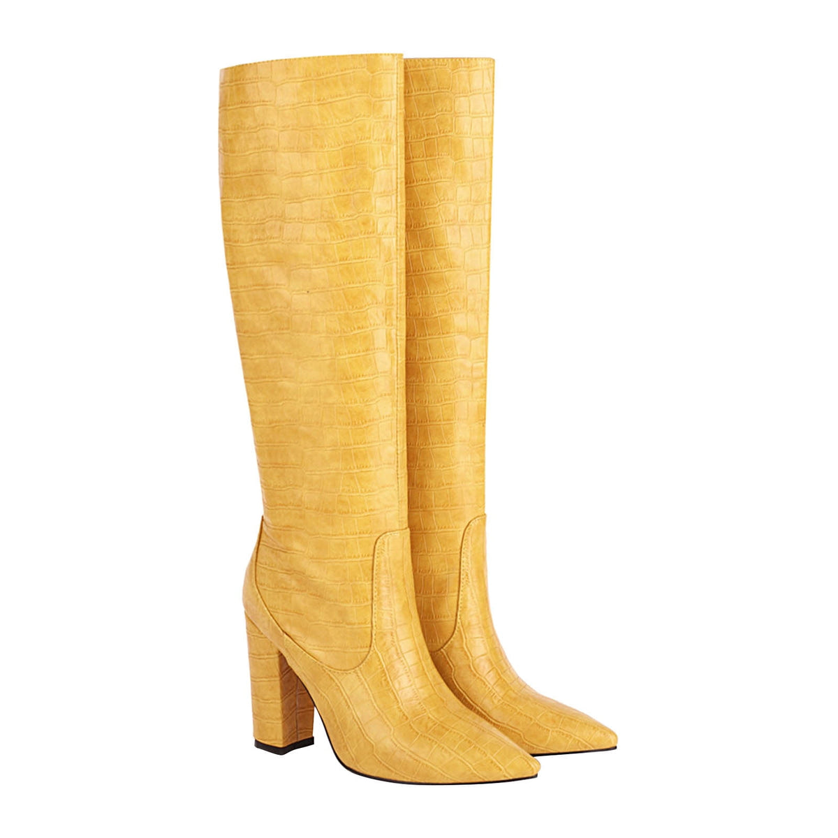 Women's Knee High Boots Pointed Toe Chunky Heel Leather Boots Fall Winter Warm Comfortable Fashion Boots Yellow 44
