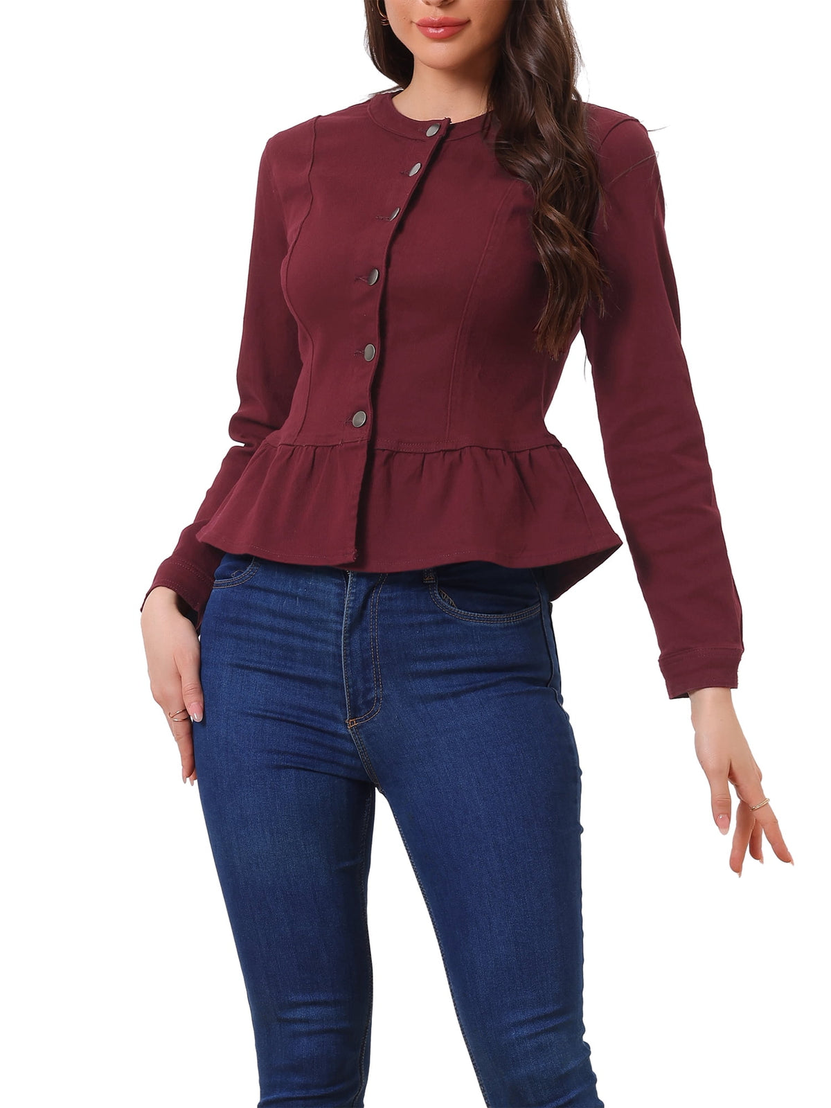INSPIRE CHIC Women's Denim Jackets Button Down Peplum Hem Long Sleeves Cropped Jean Jackets White L