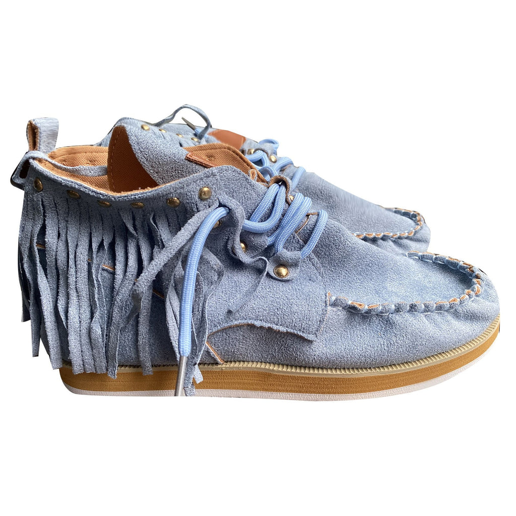 Women's Suede Fringe Ankle Boots Lace Up Low Top Shoes Comfortable Breathable Outdoor Walking Shoes Blue 40