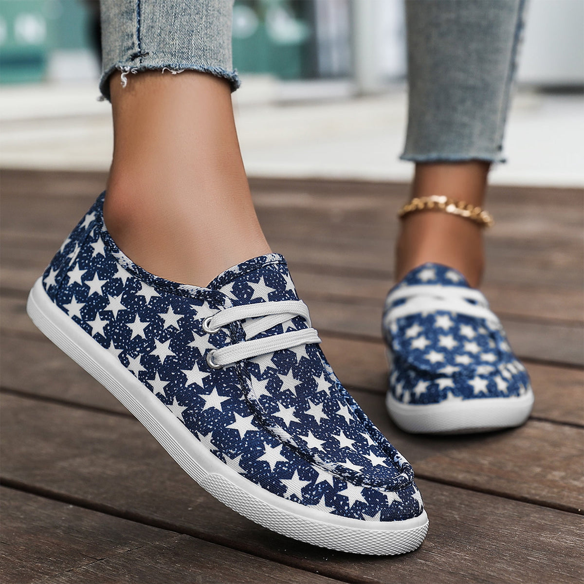 Women's Wendy Americana Stars Slip On Shoe | Patriotic Lightweight Travel Loafer with Elastic Laces