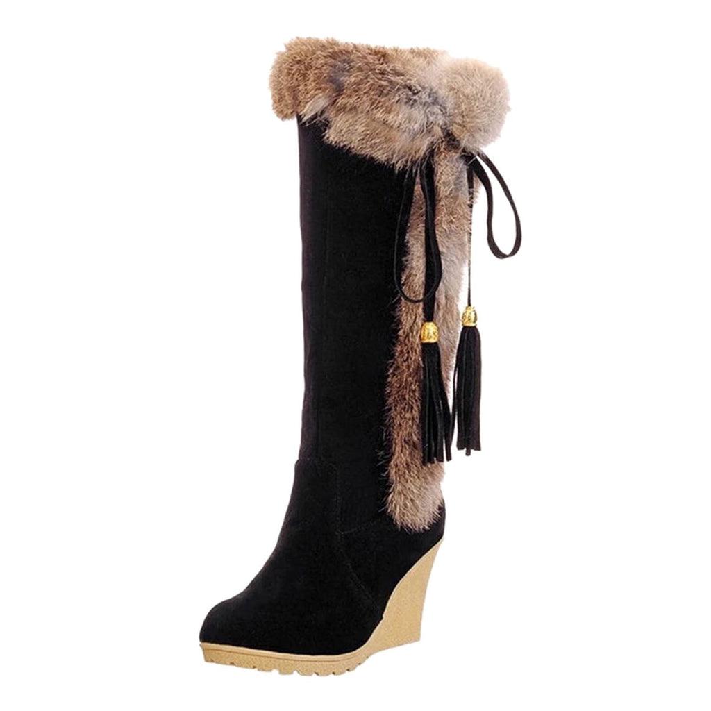 Women's Winter Boots Fuzzy Fleece Lined Wedge Heel Knee High Booties Tassel Buckle Closure Warm Snow Boots Comfortable Fashion Footwear Black 35