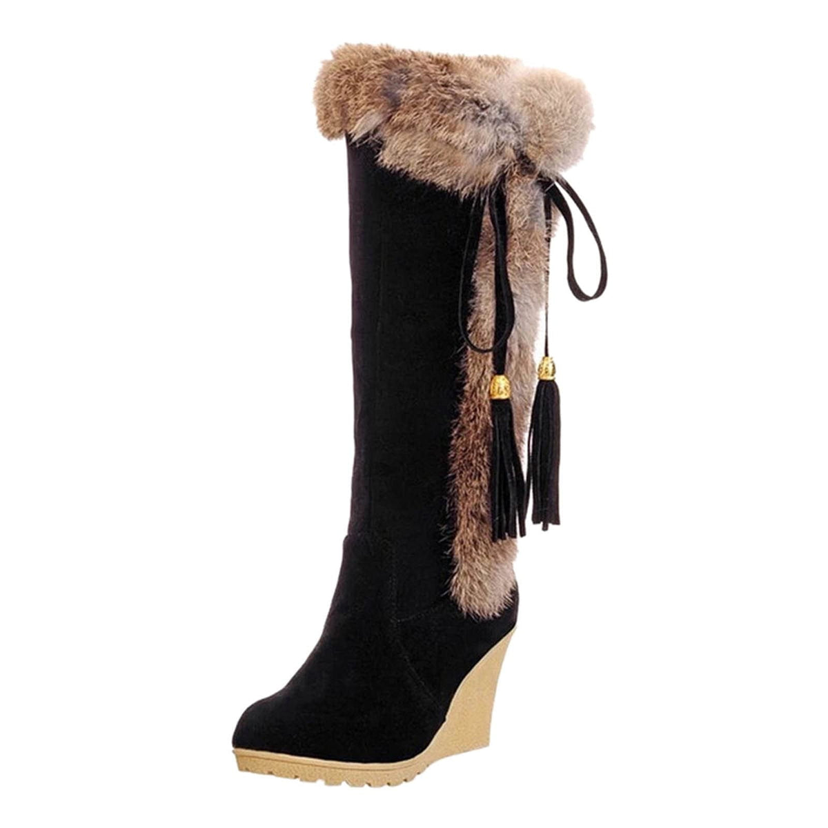 Women's Winter Boots Fuzzy Fleece Lined Wedge Heel Knee High Booties Tassel Buckle Closure Warm Snow Boots Comfortable Fashion Footwear Black 35