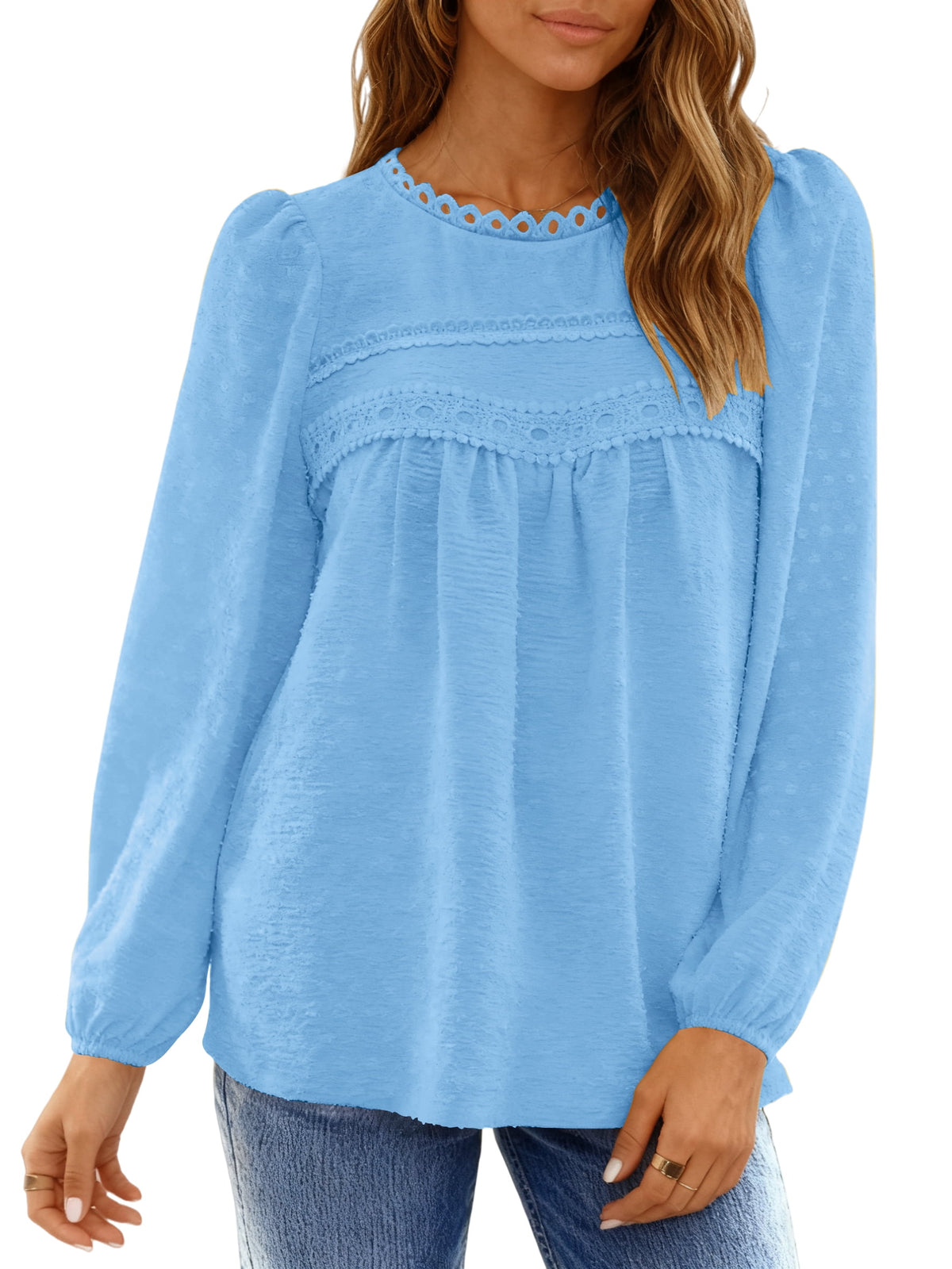 UVN Fall Shirts for Women Long Sleeve Blouses Ladies Crewneck Lace Crochet Tops Dressy Chiffon Blouses