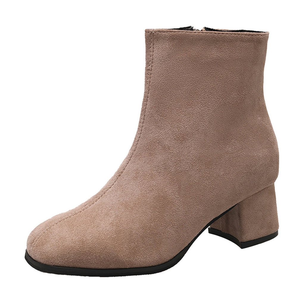 hopeusnice Women's Suede Ankle Boots Block Heel Zipper Closed Toe Booties Comfortable Low Heel Dress Shoes for Fall Winter Khaki 37