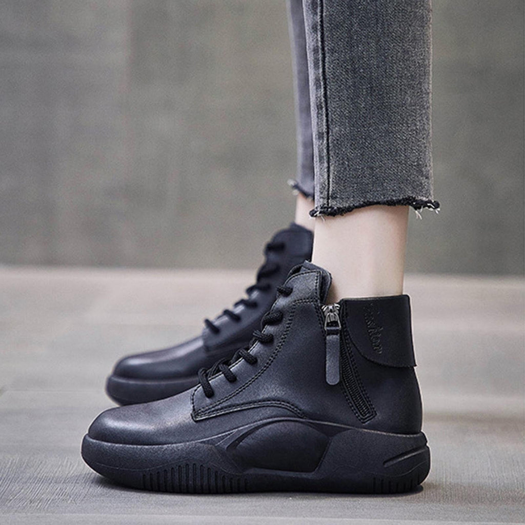 hopeusnice Women's Faux Leather Boots High Top Lace Up Zipper Ankle Boots Sneakers Comfortable Breathable Shoes Black 36