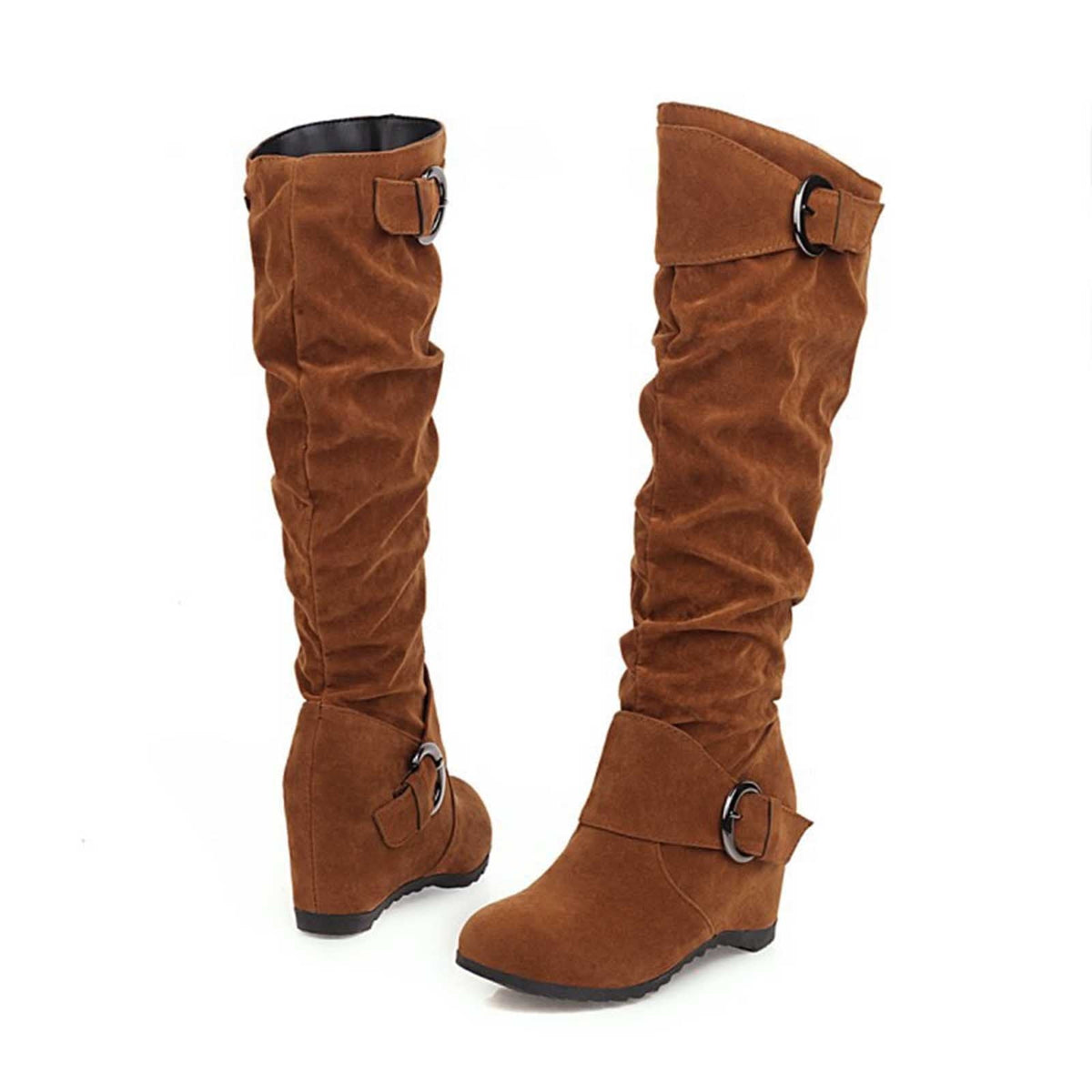hopeusnice Women's Over The Knee Boots Suede Buckle Wedge Heel Winter Warm Boots Fashion Slouchy Boots Knee High Boots Brown 35