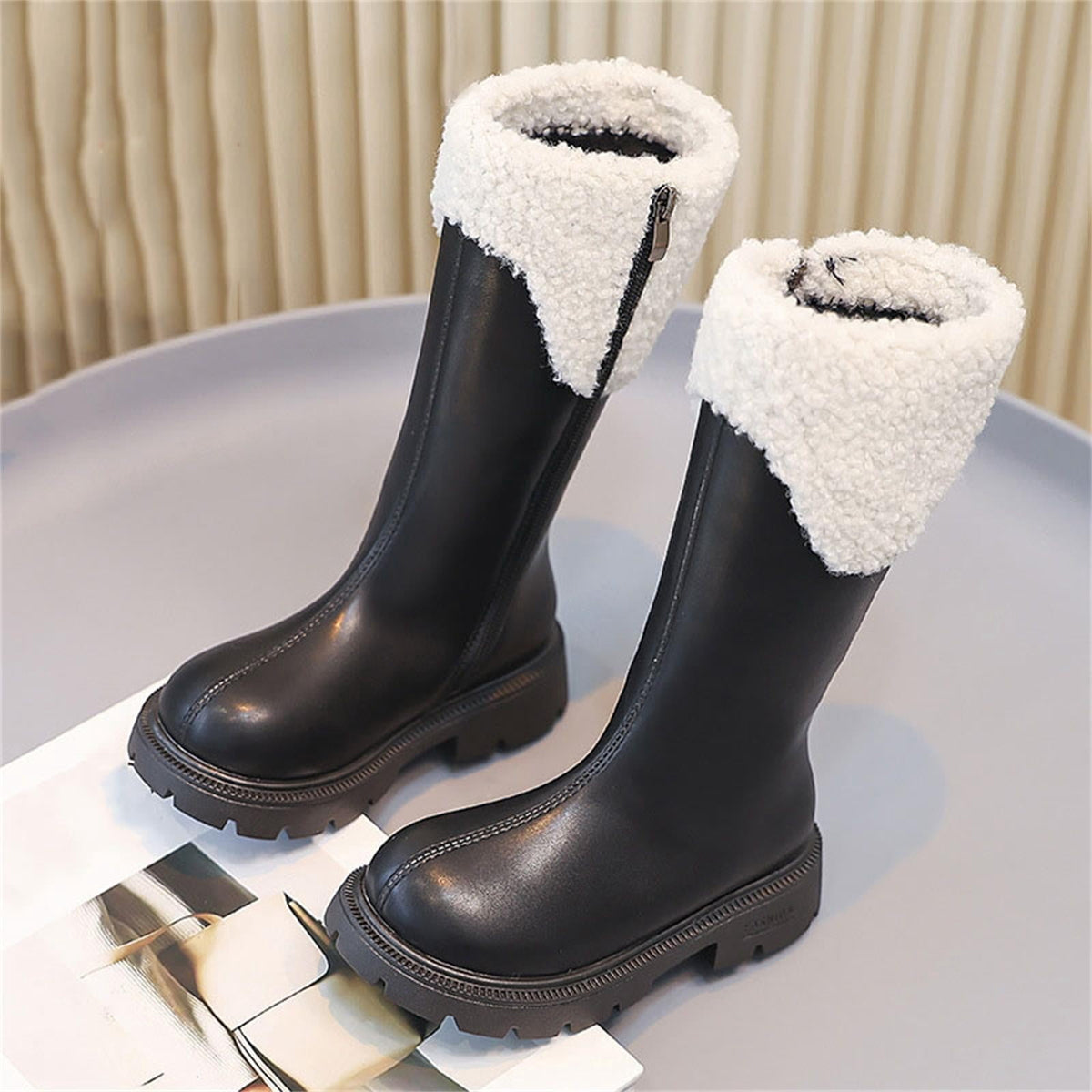 BXJX Girls Mid-Calf Boots, Fleece Lined Side Zipper Fall Winter Thermal Kids Riding Boots Black Size 2 Big Kids