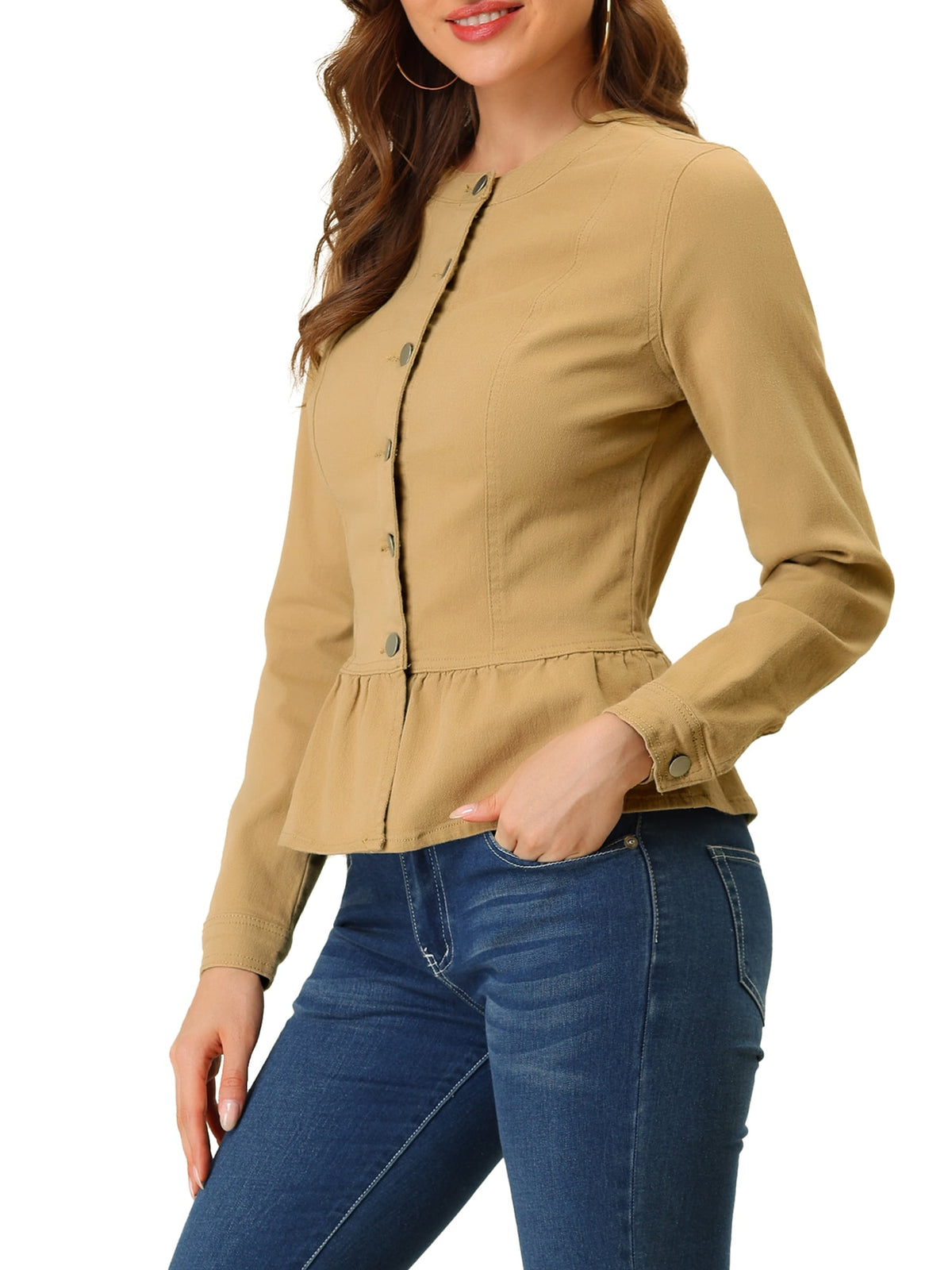 INSPIRE CHIC Women's Denim Jackets Button Down Peplum Hem Long Sleeves Cropped Jean Jackets White L