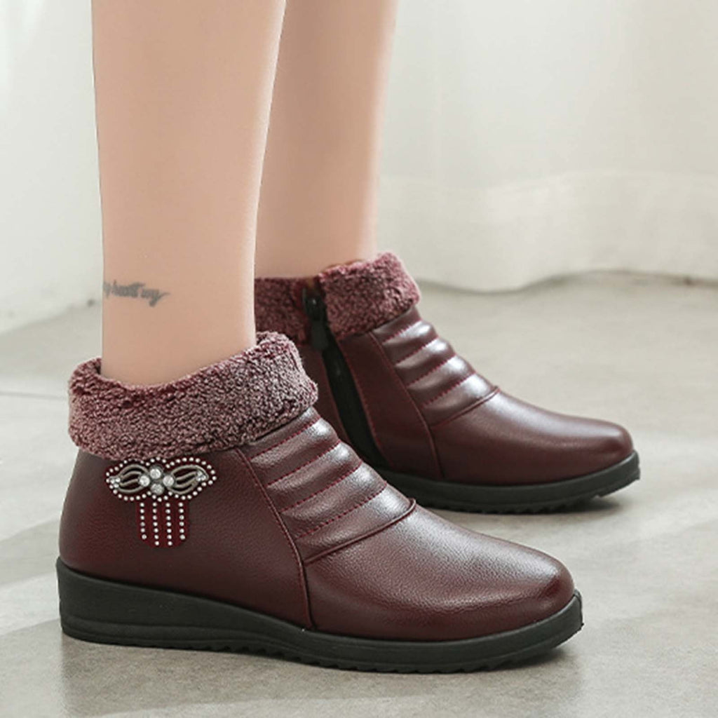hopeusnice Women's Winter Boots Fuzzy Fleece Lined Warm Ankle Booties Slip On Plush Comfortable Non Slip Wedge Heel Shoes Wine 37